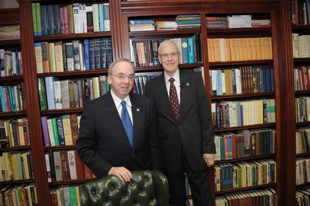 Dr. David S. Dockery, president of the university, spends some time with James A. Patterson, associate dean of the school of theology & missions, before Patterson speaks at Founders Day Chapel.