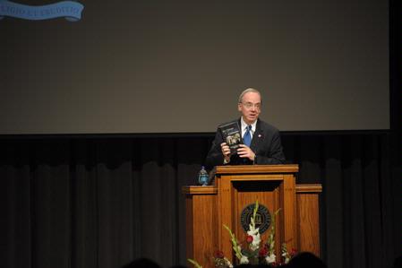 Dr. David S. Dockery, president of the university, introduces the chapel speaker, James A. Patterson, during Founders Day Chapel.