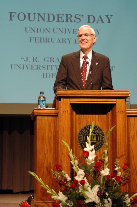 James A. Patterson, associate dean of the school of theology & missions, speaks about the history of Union during Founders Day Chapel.