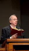 David S. Dockery, president of the university, greets students and introduces speaker, Chuck Lawless, dean of the Billy Graham school of missions and theology at Southern Baptist Theological Seminary, during chapel. - Photo by Deanna Santangelo