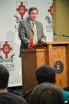 Dr. Arthur W. Hunt III speaks at the Culture & Technology Town & Gown lecture series. He used references to Tolkien's Shire to explain the "Global Village" of today's society.  - Photo by Abigail Harris