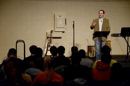 Justin Wainscott, pastor of First Baptist Church, speaks at the first annual Abraham's Altar, a student led revival at the middle of the semester. 