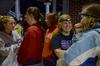 Katie Thomas, senior business administration major, and Megan Bailey, junior intercultural studies major, come equipped with head lamps for the Eggstravaganza event in the Bowld Commons. - Photo by Abigail Harris