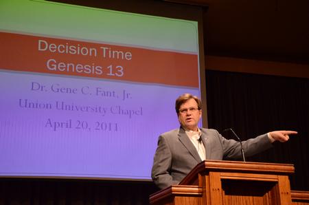 Gene Fant, dean of the college of arts and sciences, speaks in chapel.