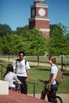Beth Spain, Matt Arnold, and Joe Dresser chat outside of Jennings Hall between classes.  - Photo by Kristi McMurry