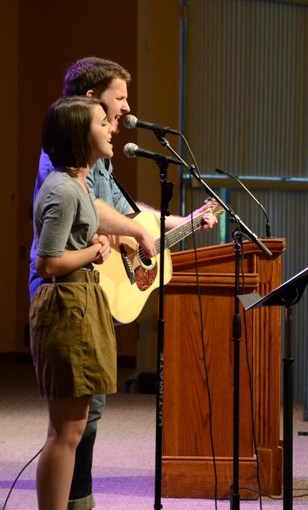 Natalie Wittman, senior English major, and T.J. Hester, senior philosophy major, lead music in the GM Savage Memorial Chapel during a service for new students and their families.