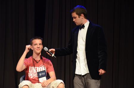 TJ Simpson, freshman, is interviewed by Andy Seaton, senior Christian studies major, during the annual Focus Show.