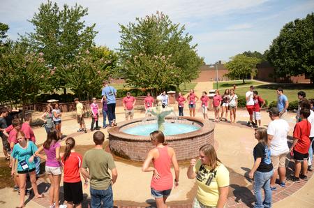 New freshmen circle up around the fountain for games during Focus week.