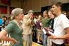 Amelia Krauss, junior journalism major, talks with Nick Flemming, freshman theatre and speech major, during the LifeGroup presentations for new students. - Photo by Deanna Santangelo