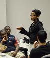 Renee Jones, associate director of the vocatio center for life calling and career, speaks to minority students during S.O.A.R. Orientation about resources available to help achieve success in college education. - Photo by Jacob Moore