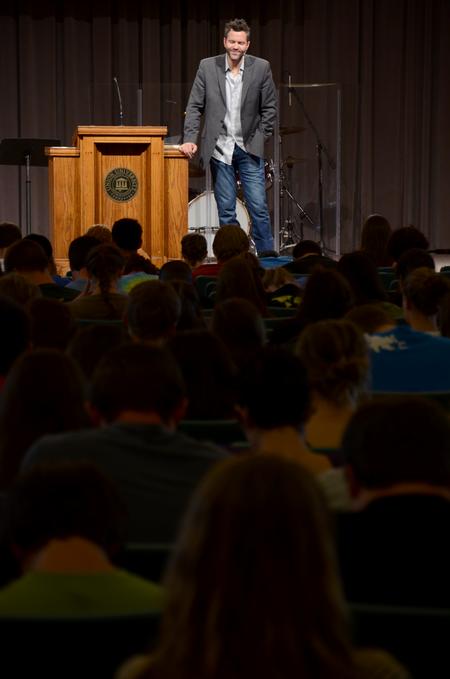 Jonathan McIntosh, church planter in Memphis Tennessee, speaks during chapel.