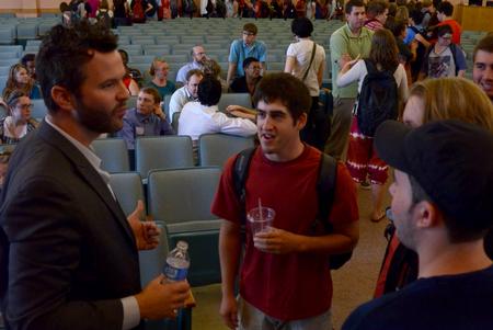 Jonathan McIntosh, church planter in Memphis Tennessee, chats with students after speaking in chapel.