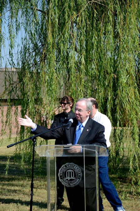 David S. Dockery, president of the university, addresses the Union community gathered at the memorial of the terrorist attacks on September 11, 2001. The service took place for the 10 year anniversary of the attacks