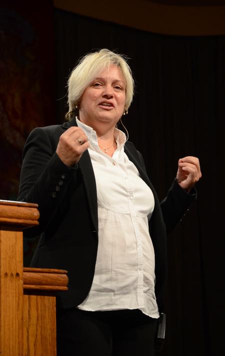 Ingunn Breistein, associate professor at Ansgar College and Theological Seminary in Norway, speaks during chapel about the challenges of effectively sharing the gospel in Europe.