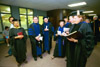 Mary Platt, Tom Rosebrough, Jimmy Davis, Susan Jacob, Barbara McMillan, and Carla Sanderson headed up the processional for Fall Convocation 2002. - Photo by Jim Veneman
