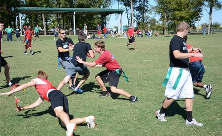 Students play a a game of intramural flag football on Family Weekend.
