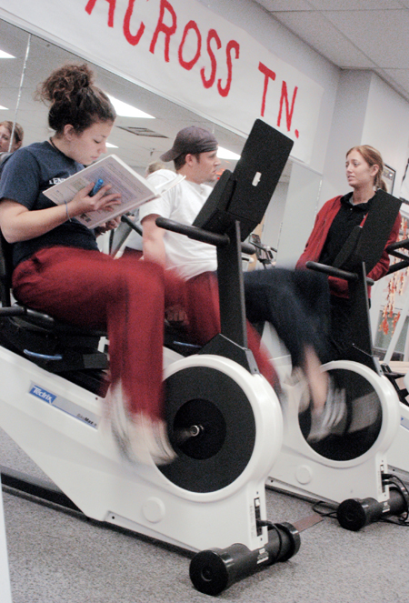 Junior Allison Seaman, nursing major, and senior Belinda Hannigan, physical education major, enjoy working out in the Wellness Center.