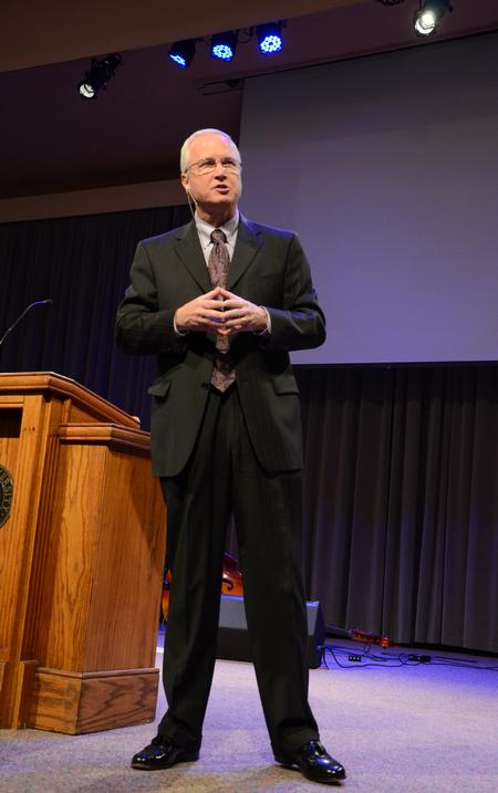 Bruce Chesser, senior pastor of First Baptist Church in Hendersonville, Tenn., speaks during chapel.