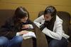Courtney Searcy, junior journalism major, and Hilary Utley, junior sports medicine major, sit and chat in the Bowld Student Commons. - Photo by Anne Richoux