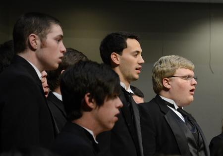 Sam Ritter, senior music performance major, and Adam Stanford, sophomore music education major, perform during the annual Fall Choral Concert.