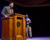 Lee Wilson, director of discipleship, introduces Scott Huelin, director of the honors community and associate professor of English, to speak in chapel. - Photo by Ebbie Davis