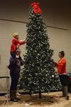 Kyleigh Carter (top left), sophomore social work major, Amiee Brassart, sophomore elementary education major, and Claudia Velasco, junior accounting major, help set up a Christmas tree in the Bowld Student Commons during Deck the Halls.  - Photo by Anne Richoux