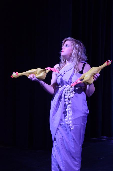 Tiffany Wade, senior English major, plays out a scene mocking the Greek tragedy 'Medea' from Lori Landon's one-act called 'The Least Offensive Play in the Whole Darn World.'