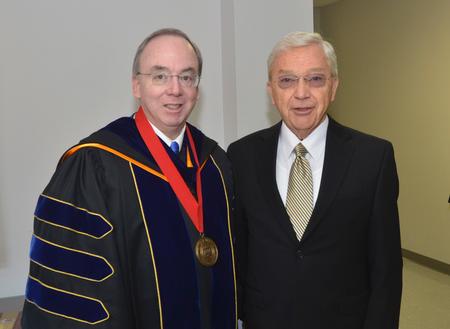 Long time friends David S. Dockery and Lloyd Hansen visit before the Commencement Service.  “My life has been blessed in ways that I have no claim to, and knowing Dr. Dockery is one of those blessings,” Hansen said.
