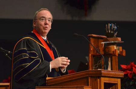 David S. Dockery greets Union Graduates, faculty, and family at the December Commencement for Union University.  Two hundred ninety-six Union graduates received their degrees at the ceremony, with Frank Page, president of the Southern Baptist Convention’s Executive Committee, delivering the commencement address. 