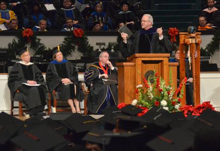 Two hundred ninety-six Union graduates received their degrees at the ceremony, with Frank Page, president of the Southern Baptist Convention’s Executive Committee, delivering the commencement address. Page used the biblical account of Jesus’ encounter with the Samaritan woman at the well to discuss the importance of “irrecoverable moments” in life.
“An irrecoverable moment with Christ changes our understanding of worship,” Page said. “Graduates from this school ought to understand about worship. It’s not about where. It’s about who and how.”

