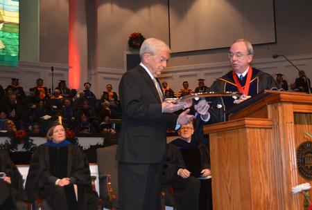 For his friendship to Union University, Lloyd Hansen received the Robert E. Craig Service Award at Union’s graduation ceremony Dec. 10 at West Jackson Baptist Church.  The award is named after Union’s 13th president, who led the university for more than two decades and was responsible for reestablishing Union with the churches of the Tennessee Baptist Convention. Craig was also responsible for relocating the university campus to north Jackson.
