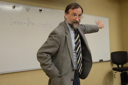 Hal Poe, Charles Colson Professor of Faith and Culture, speaks at the Town & Gown: Media, Politics, & Democracy lecture series in Providence Hall. 