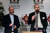 Micah Watson, director of the center for politics and religion, asks for questions from the audience following a lecture from Peter Leithart (left), senior theology scholar at New Saint Andrews College in Moscow, Idaho.  - Photo by Anne Richoux