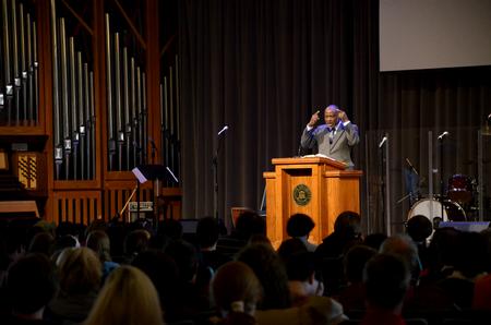 Tite Tienou, senior vice president of education and dean of Trinity Evangelical Divinity School in Deerfield, Illinois, speaks to students on the theme of "Trusting God in Troubled Times" during CultureFest. 