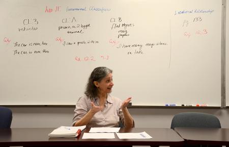 Irene Schock, adjunct ASL instructor, demonstrates how to use classifiers in her American Sign Language class.