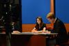 Kara Dukes, senior broadcast journalism major, and co-anchor Thomas Willis, senior broadcast journalism major, prepare to anchor on Jackson 24/7. - Photo by Ebbie Davis
