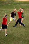 Students play Ultimate Frisbee in the Ayers quad on a nice Spring day.  - Photo by Anne Richoux
