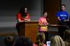 Jamie Blurton (middle), junior social work major, tells students about a new organization during Student Senate. - Photo by Anne Richoux