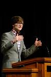 Greg Thornbury, dean of the school of theology and missions and vice president for spiritual life, introduces Frederica Mathewes-Green, the speaker for the Crabtree Family Life Series in chapel. - Photo by Anne Richoux