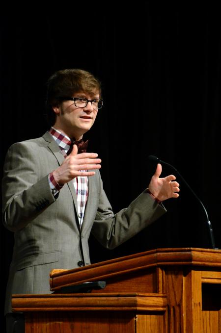 Greg Thornbury, dean of the school of theology and missions and vice president for spiritual life, introduces Frederica Mathewes-Green, the speaker for the Crabtree Family Life Series in chapel.
