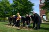 Dirt is turned during the groundbreaking ceremony for the new library. Pictured is David S. Dockery, Anna Beth Morgan, Jim Campbell, president and COO of TLM Architects/Engineers; Carol and Bill Latimer, major donors for the project; Rod Parker, chairman of the Board of Trustees; Harry Smith, past chairman of the Board of Trustees; and Frank Wagster, principal architect of H&M Construction.  - Photo by Jacob Moore