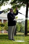 Ricky Clark, Union alumnus and minister of music and worship, leads guests in 'Great is Thy Faithfulness' during the groundbreaking ceremony for the new library. - Photo by Anne Richoux