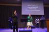 Stephen Charlton, James Liu, Emily Anthony, Blake Giles, and Robert Walker, members of the college praise band at FBC Humboldt, lead music in chapel. - Photo by Zac Calvert