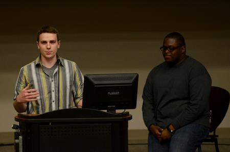 Caleb Valentine, freshman biblical studies and languages major, gives a campaign speech during a Student Senate meeting.