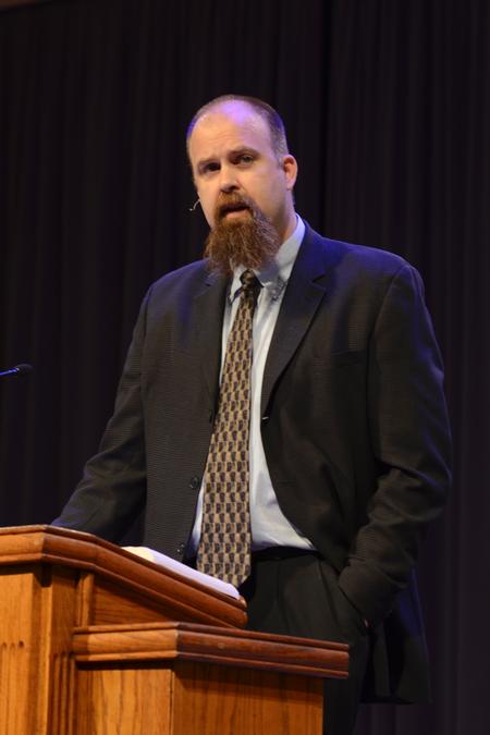 Micah Watson, director of the center for politics and religion and assistant professor of political science, speaks in chapel on "Should We Expect Something Else? Disenchantment and the Gospel" from Matthew 11:1-6.