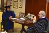 Carol M. Swain, professor of political science and law at Vanderbilt University, visits with David S. Dockery, president of the university, just before spring graduation where Swain is to give the commencement address. - Photo by Morris Abernathy