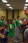 LifeGroup leader Madeleine Hemphill, psychology and business double major, dances during a flashmob in the Brewer Dining Hall in an effort to interest freshmen in joining a LifeGroup. - Photo by Zac Calvert