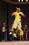 Matt Arnold, junior christian studies major, jumps in the air as he is introduced to the new students during Focus week. - Photo by Zac Calvert