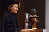 Cynthia Jayne, associate provost for intercultural and international studies, reads the Lord's Prayer during Fall Convocation. - Photo by Zac Calvert