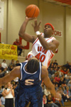 Zach Wiggs (40) takes a shot ove a Lee defender during Union's homecoming game. - Photo by Lindsay Stavish